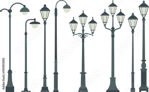 Vintage street lamp collection vector illustration featuring classic urban lantern posts and decorative outdoor lighting fixtures for city landscape and architectural design