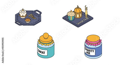 Isometric illustrations of ramadan food and charity concepts on white background