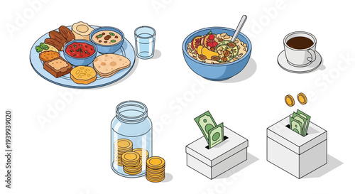 Isometric illustrations of various foods drinks and charitable contributions
