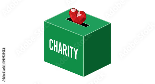Isometric view of a green charity box with a red heart and the word charity