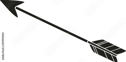 Black silhouette of tribal ethnic arrow with fletching feathers and sharp arrowhead isolated on white background for tattoo or logo design