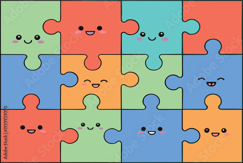 Cute colorful puzzle pieces with smiling faces flat vector illustration, playful jigsaw pattern representing teamwork and connection