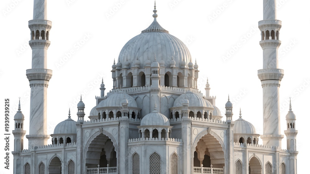 Fototapeta premium Majestic White Marble Mosque Architecture with Multiple Domes, Minarets, and Intricate Details on White Background