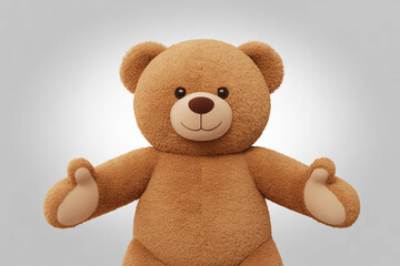 A large brown teddy bear with its arms outstretched on a white background