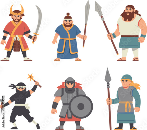 Samurai fighter, ninja warrior, medieval knight, Viking soldier, Roman gladiator, martial artist, fantasy warrior illustration, historical battle characters, combat heroes