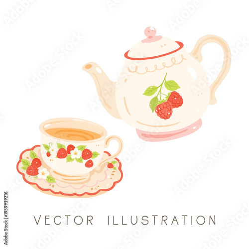 Raspberry Tea Set Cute Cottagecore Illustration