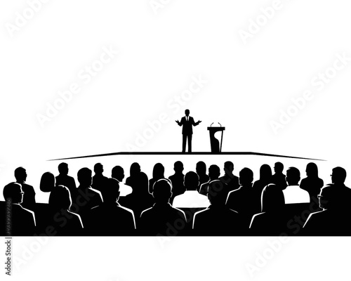 Silhouette vector illustration of a confident speaker addressing a large, attentive audience from a raised stage podium.