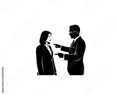 A stark vector illustration depicting a business man pointing accusingly at a professional woman during a tense workplace interaction.