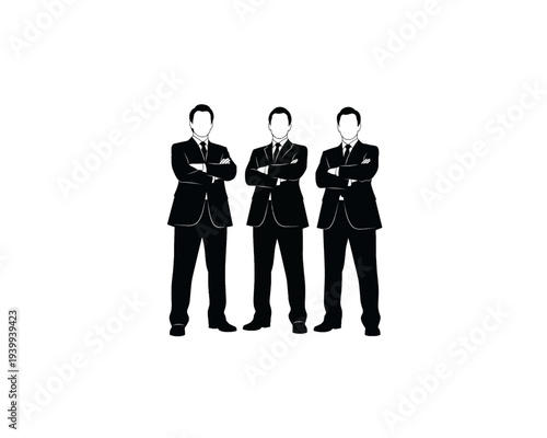 A confident vector graphic illustration featuring a trio of anonymous businessmen in sharp suits, standing with arms crossed, exuding professionalism and corporate unity.