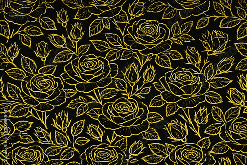Luxury background with outline roses flowers, buds and leaves seamless pattern. Hand drawn botanical elegant roses flower in line art style. Vector card, wedding invitation, wallpaper, cover