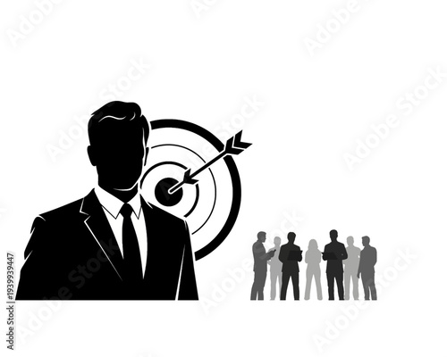 Striking business target vector illustration featuring a sharply dressed executive and a diverse team observing success