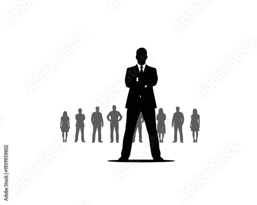 Dominant black silhouette vector graphic illustration depicts a commanding leader standing confidently before a team.