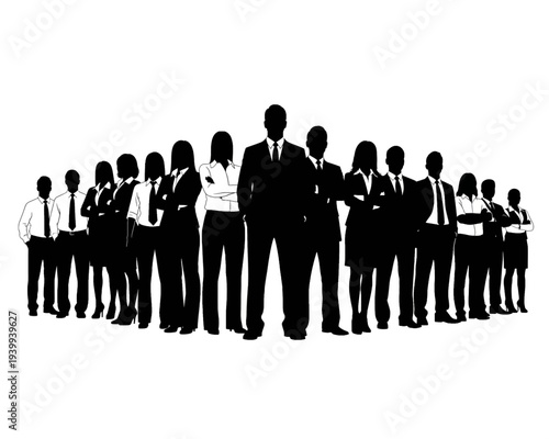 Vector graphic illustration of a diverse and confident corporate business team standing together, representing strong leadership and collective achievement.