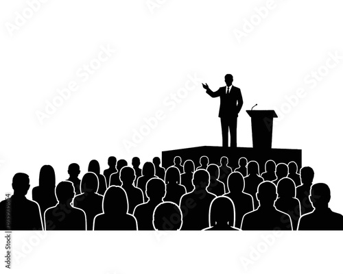 A stylized vector illustration depicts a confident male speaker on a podium addressing an attentive crowd during an important corporate presentation.