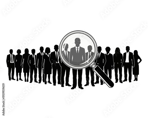 Professional vector illustration showcasing a diverse business team under a magnifying glass, symbolizing talent acquisition, recruitment, and optimal candidate selection.