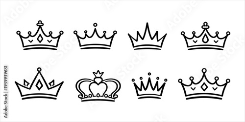 Collection of elegant hand-drawn crown illustrations for royal and majestic design elements