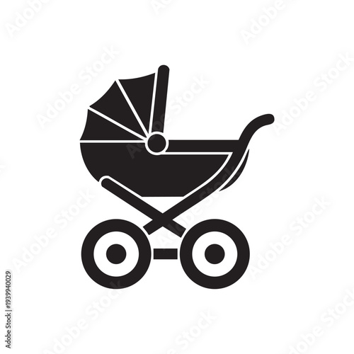 A black and white image of a baby stroller