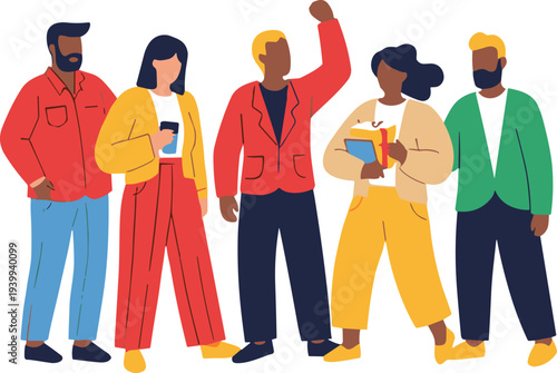 Group of diverse people standing together flat vector illustration, modern multicultural friends community and teamwork concept