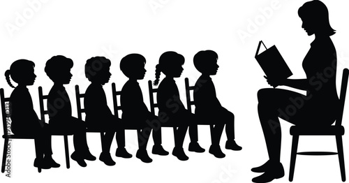 Children silhouettes listening to teacher, storytelling, classroom education, reading book, learning activity, group study, childhood development, school illustration artwork