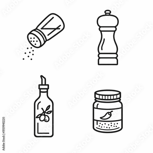 Cooking Ingredients Icons. Cooking ingredients. Line icon set of cooking ingredients: salt shaker, pepper grinder, oil bottle, vinegar bottle, sugar jar, flour