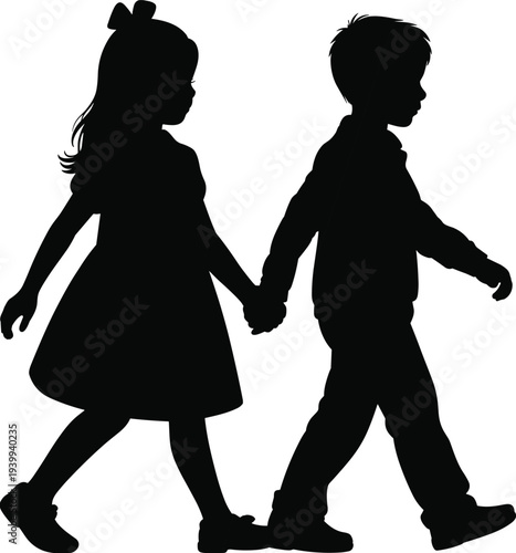 Children silhouettes walking hand in hand, companionship, friendship, childhood motion, family bond, togetherness illustration, unity artwork, simple design, playful posture