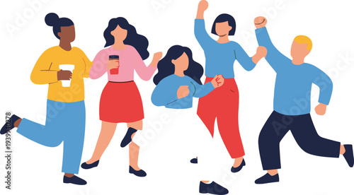 Group of happy friends celebrating and dancing together flat vector illustration, diverse people enjoying party and fun moments