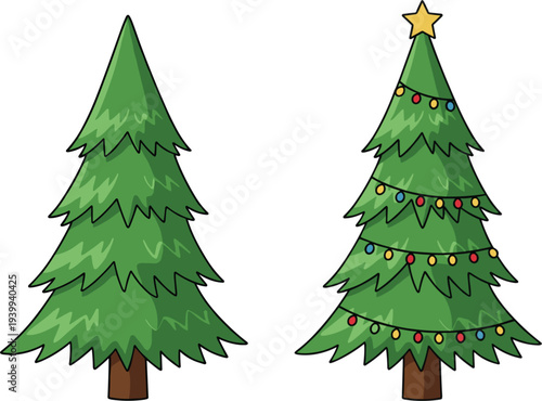 Vector illustration featuring a pair of green pine trees with one plain and one decorated with colorful lights and a yellow star topper
