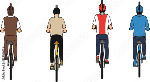 Vector illustration of four cyclists riding bicycles seen from behind wearing helmets and colorful athletic clothing for urban commute fitness and outdoor lifestyle