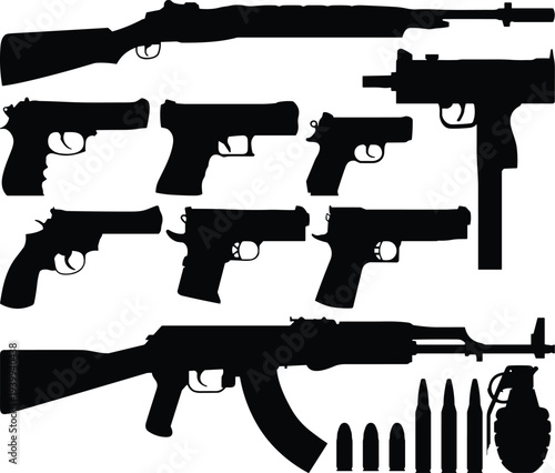 Collection of gun silhouettes including assault rifles handguns pistols submachine guns bullets and a grenade isolated on a white background vector illustration