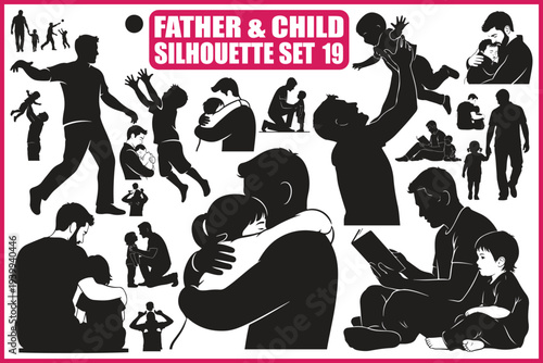 Father and child silhouette illustrations in various playful activities