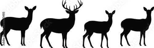 Deer Silhouette Set with Buck and Doe Standing Wildlife Animal Shapes Isolated for Forest, Hunting, and Nature Design