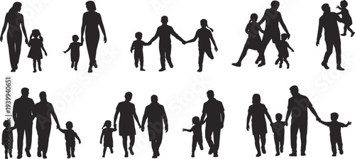 Family Walking Silhouette Collection with Parents and Children Holding Hands and Parenting Moments Isolated for Lifestyle Design
