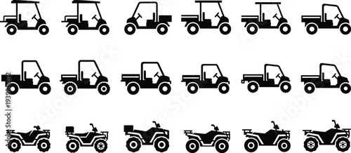 Collection of black utility vehicle and all terrain vehicle silhouettes including golf carts work UTVs and off road quad bikes flat vector illustration set