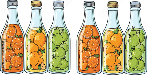 Hand Drawn Fruit Infused Water Bottles Vector Illustration with Orange Lemon and Green Apple Detox Drink Collection