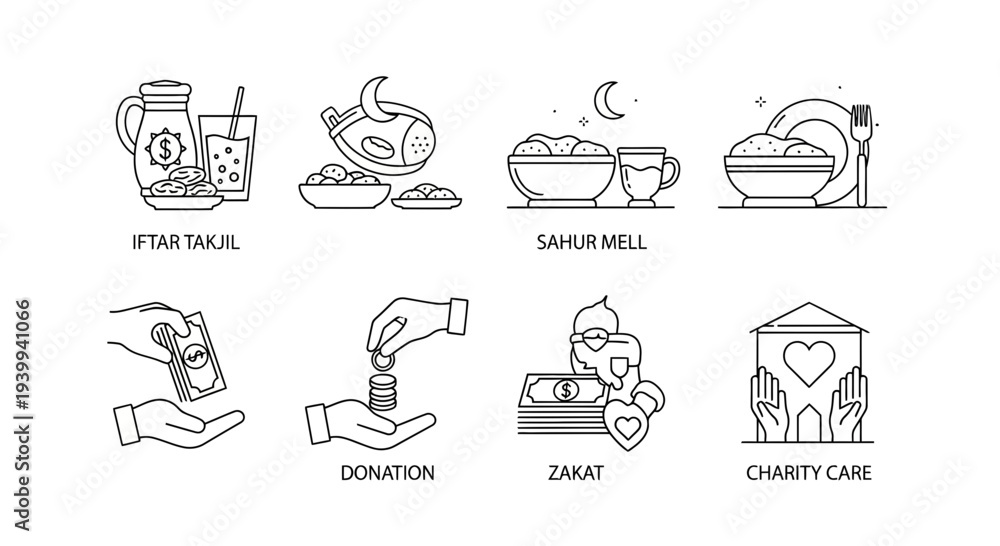 Fototapeta premium Ramadan icons food charity and religious symbols in black and white