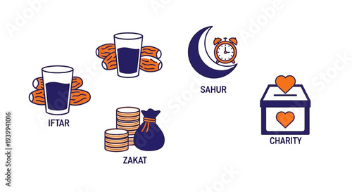 Ramadan icons date fruit water glasses crescent moon charity zakat and clock