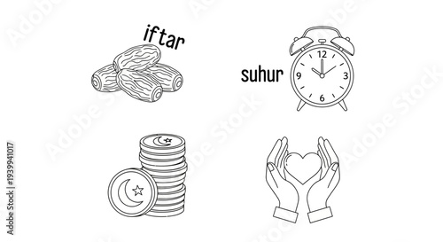 Ramadan icons dates clock coins and hands holding heart symbols