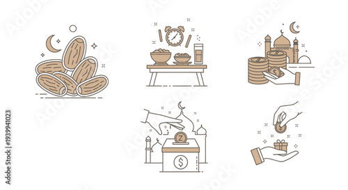 Ramadan icons dates food coins mosque and giving for islamic celebrations