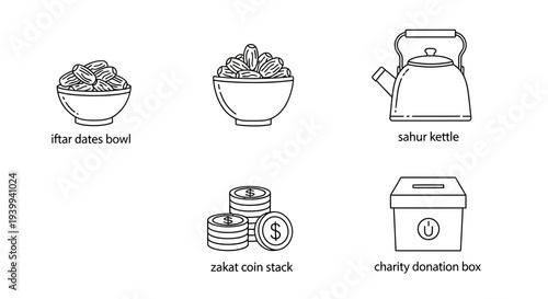 Ramadan icons dates kettle coins and donation box design