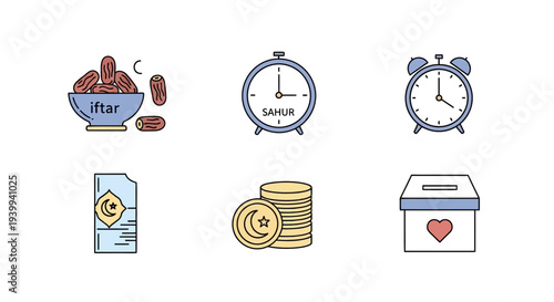 Ramadan icons dates clocks charity and symbols isolated on white