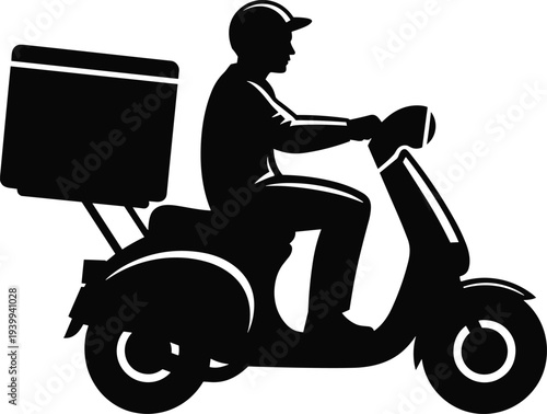 Delivery rider scooter silhouette vector illustration, urban logistics design with helmet, rear box, lifestyle motifs, courier artwork, and branding