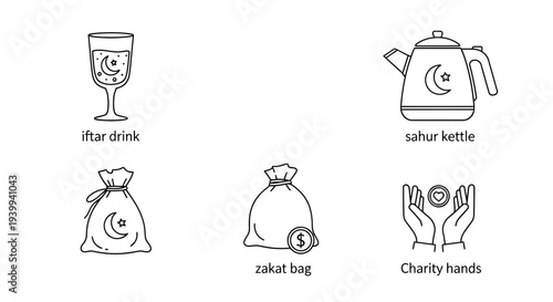 Ramadan icons drink kettle bags hands with symbols in black and white