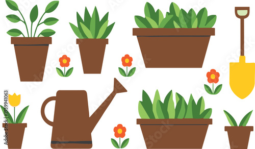 Hand Drawn Gardening Tools and Potted Plants Vector Illustration with Watering Can Shovel Flowers Indoor Garden Collection