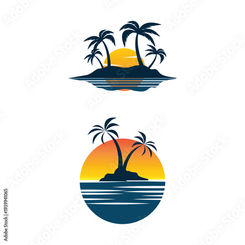 Tropical Island Sunset Logo with Palm Trees and Ocean Waves