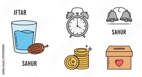 Ramadan icons food clock charity and religious symbols illustration