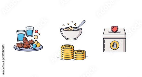 Ramadan icons food donation and charity illustrations in minimalist style