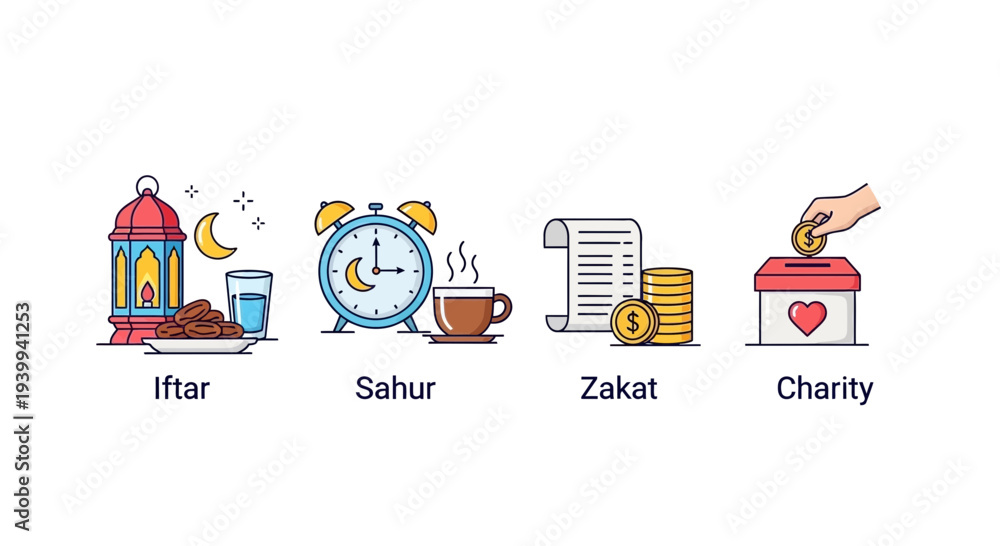 Obraz premium Ramadan icons lantern dates clock coffee receipt coins donation box