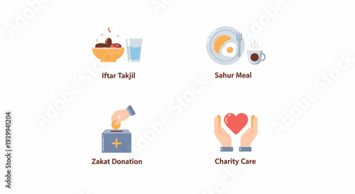 Ramadan icons iftar suhoor zakat and charity illustrations on white