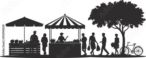 Farmers market scene with vendors and shoppers silhouettes vector illustration, outdoor produce stalls under umbrellas in local community marketplace