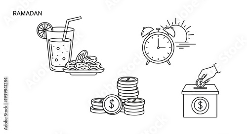 Ramadan icons refreshments time charity and savings depicted in line art